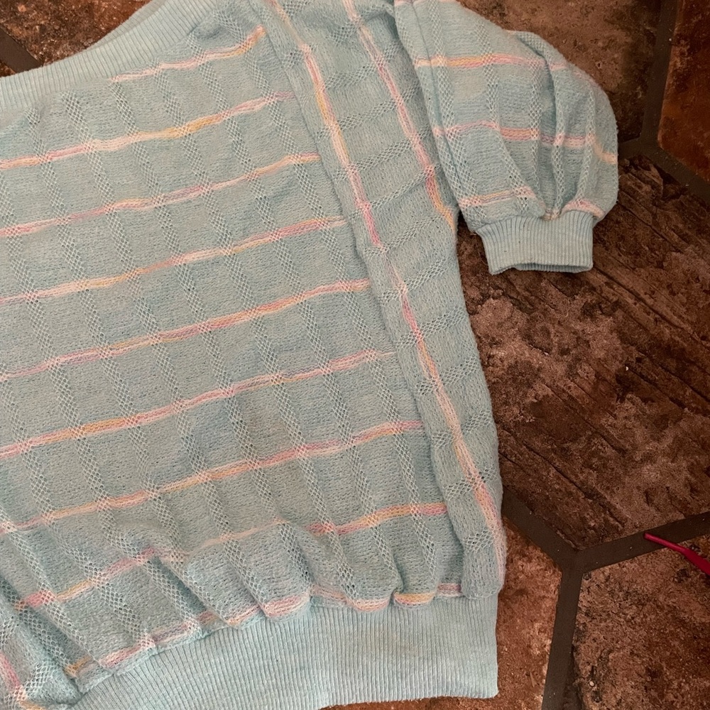 Vintage powder blue knit striped boat neck pullover 3/4 sleeve batwing style - Picture 2 of 8